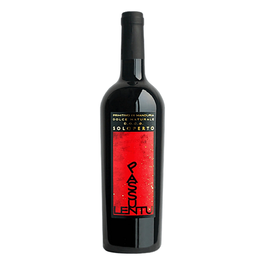 Passulentu Primitivo di Manduria DOCG - Elegante vino rosso da dessert, frutto dell'appassimento in vigna dei grappoli. Profumi netti di amarena, confettura e un palato piacevolissimo che ricorda gli agrumi canditi. Finale di cioccolato e tostature. Vitigno: PrimitivoZona di produzione: Manduria e dintorniEtà dei Vigneti: 45/50 anniSistemi di allevamento: alberelloCeppi per ettaro: 6000Resa uva per ettaro: 40/50 quintaliResa in vino per quintale: 70%Epoca di vendemmia: Settembre/OttobreAffinamento del vino