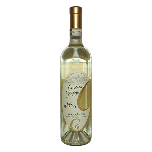 Roero Arneis San Quirico DOCG - VITIGNO: Arneis 100%COLORE: giallo paglierino con riflessi dorati e verdognoliPROFUMO: principalmente frutta tropicale, note erbacee, delicato pieno ed intensoSAPORE: corposo, caldo, fresco, caratteristica la sapidità, erbaceoGRADAZIONE: 14% volINVECCHIAMENTO: non previsto, si conserva bene fino a 2 o 3 anni, ma solitamente va consumato giovaneABBINAMENTI: vino da aperitivo, ma ottimo anche con piatti di pesce, antipasti, verdure, carni bianche, temperatura di servizio 8-10°