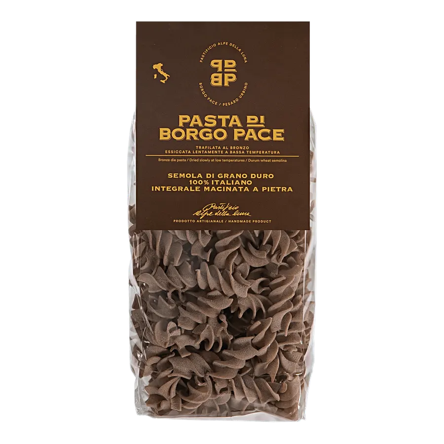 Rustici Integrali - Pasta di semola di grano duro 100% italiano, molito e coltivato in Italia. Trafilatura al bronzo essiccazione lenta a bassa temperatura. Semola di grano duro, acqua. Contiene glutine. Può contenere trace di soia. Tempo medio di conservazione 24 mesi. VALORI NUTRIZIONALI riferiti a 100 g: Energia: 350kcal-1460kj; Carboidrati: 74 g Zuccheri: 2,1 g; Fibre alimentari: 3,4 g; Proteine totali: 12,1 g; Grassi totali: 1, 1g di cui saturi: 0,3 g; Sale: 0,01 g; venduto da Pastificio Alpe della Lu