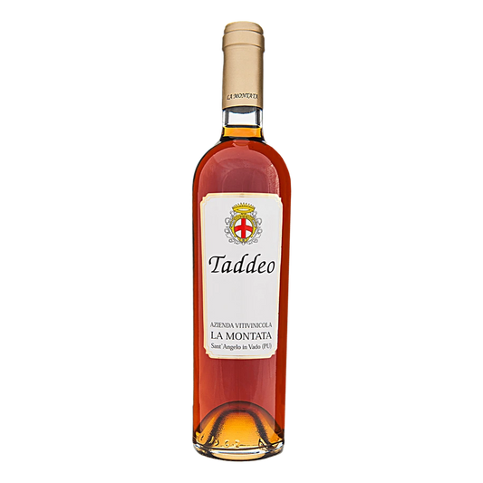 Taddeo IGT "Passito Affumicato" Acini Scuri - Dalla selezione dei singoli acini appassiti per oltre quattro mesi vengono presi quelli più ricchi di zuccheri e che hanno un sentore più marcato di affumicato per diventare il passito Taddeo. Vino dolce, di colore ambrato, talvolta anche carico, dagli straordinari profumi di fichi secchi, confetture di frutta matura, vino rotondo e armonico. Vino da meditazione. Prende il suo nome da Taddeo Zuccari, noto pittore del ‘500 nato a Sant’Angelo in Vado e, sicuramen